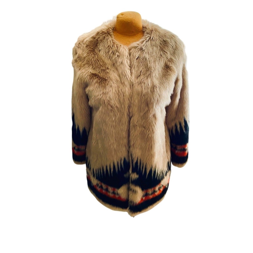 Rara Avis by Iris Apfel Aztec Pattern Faux Fur Coat Tan Black Rust S